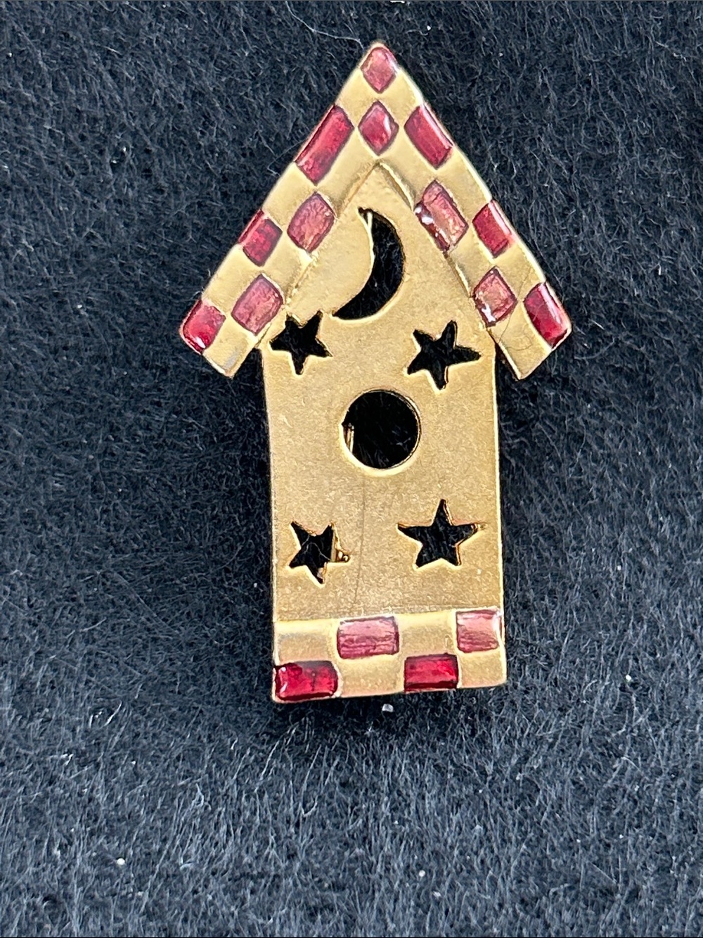 Vintage Danecraft Gold-tone Birdhouse Pin with Red Enamel Roof Brooch